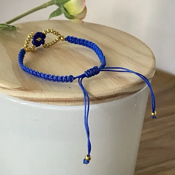 Handmade Blue Macrame Bracelet Gold Beads Flower Adjustable Boho Jewelry Gift - Picture 5 of 12